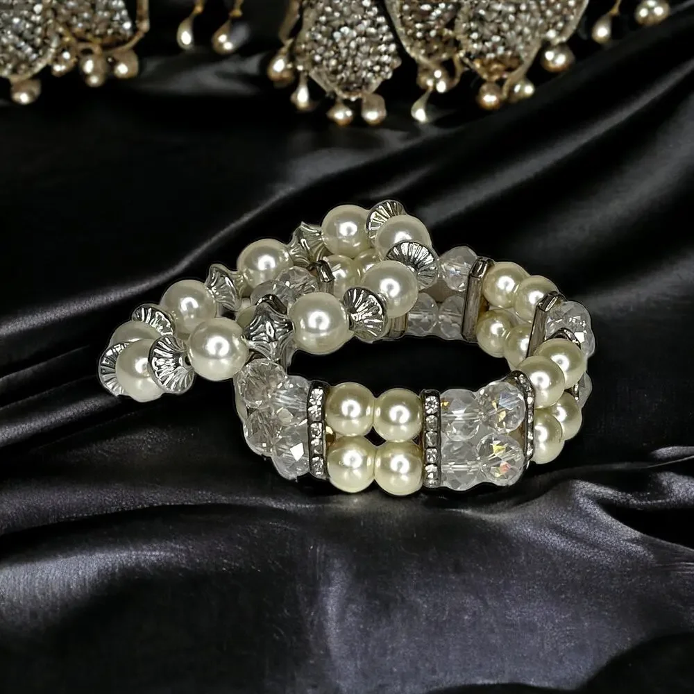 Silver Tone Faux Pearl, Rhinestone and Crystal Bead Bracelets Fashion Jewelry